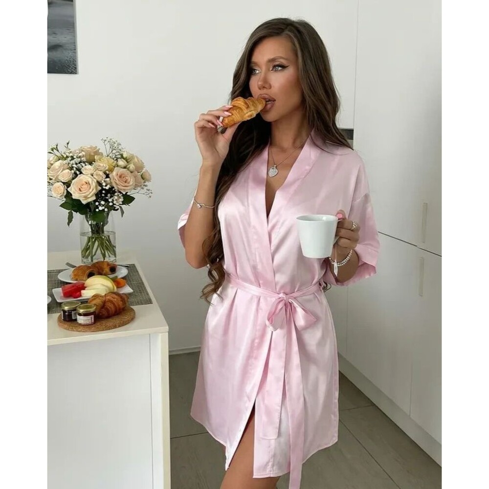 Womens S Pink Silky Satin Short Elegant  Robe Short Sleeve  Wrap Kimono Bathrobe